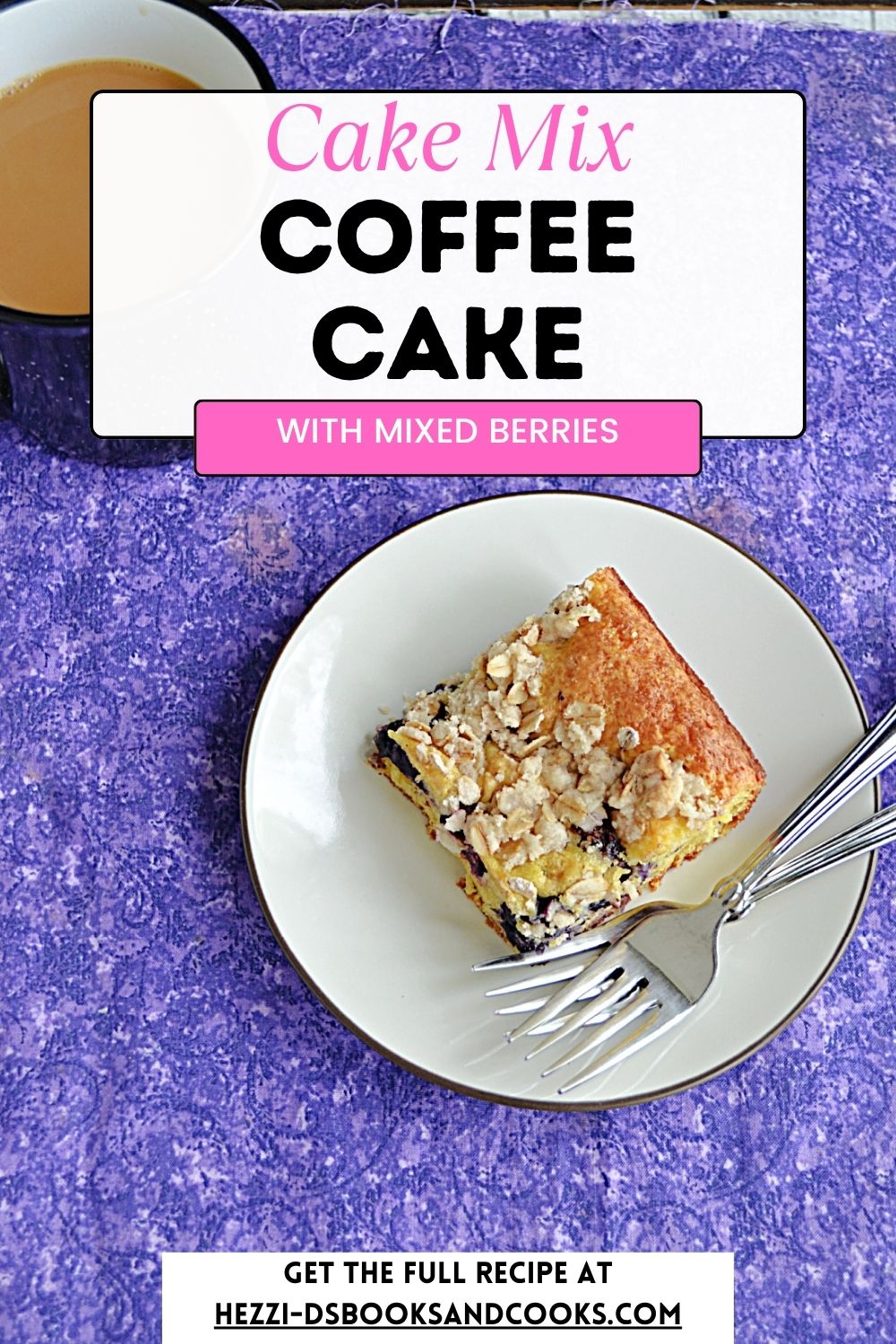 Pin Image: Title, a plate with a piece of coffee cake and 2 forks on it.