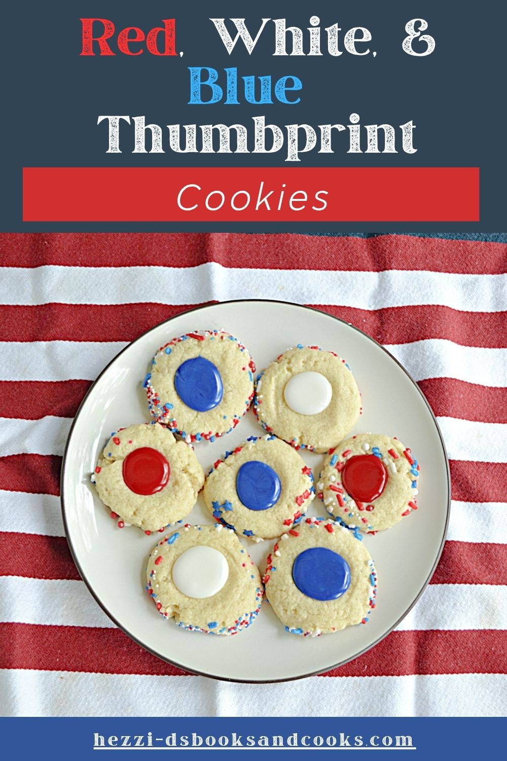 Pin Image: Title, A plate of thumbprint cookies filled with red, white, or blue icing.