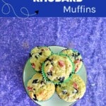 Pin Image: Title, a plate with blueberry muffins on it.