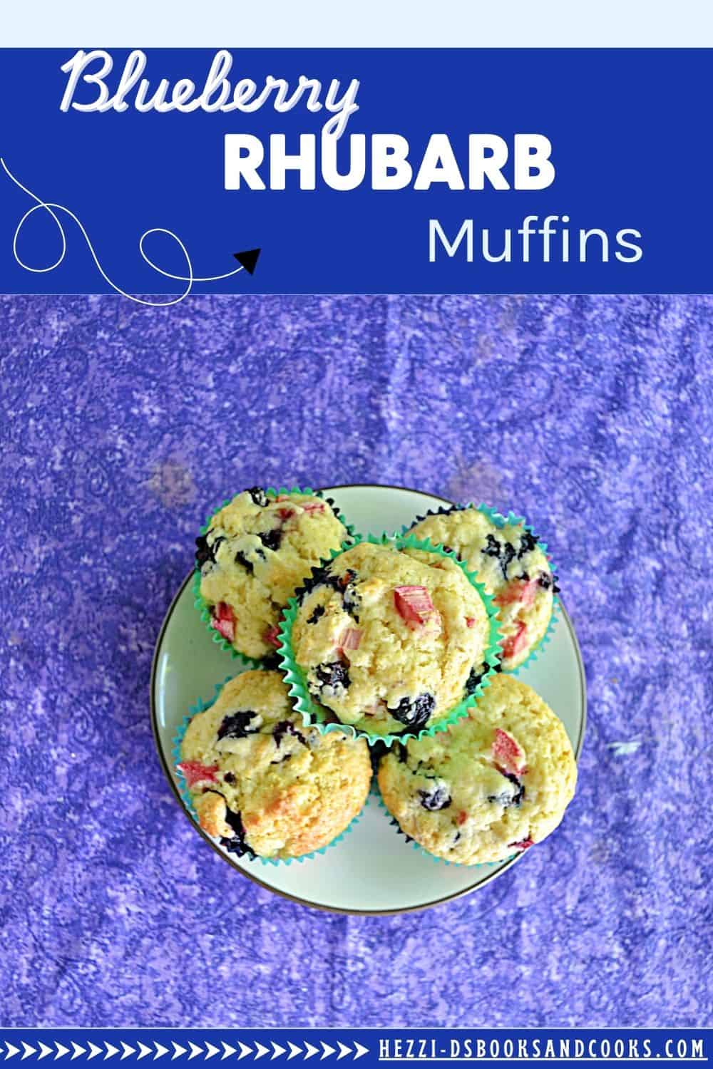 Pin Image: Title, a plate with blueberry muffins on it.