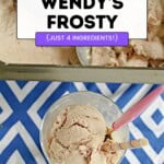 Pin Image: Title, a glass with frozen chocolate Frosty in it along with a spoon and a straw.