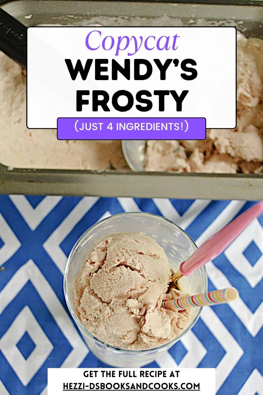 Pin Image: Title, a glass with frozen chocolate Frosty in it along with a spoon and a straw.