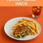 Pin Image: Title, A plate with a golden brown wrap on it along with fries and a glass of tea behind the glass.